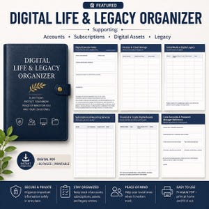 May include: A dark blue digital life and legacy organizer binder with gold text and a leaf icon. The set includes printable PDF pages for tracking accounts, subscriptions, digital assets, and legacy information, featuring tables for organized record-keeping.