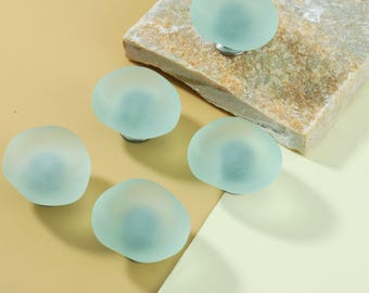 Matte Frosted Blue Drawer Pull – Sleek Round Glass Cabinet Knob, Contemporary Furniture Handle, Cupboard Door Pull, Minimalist Home Hardware