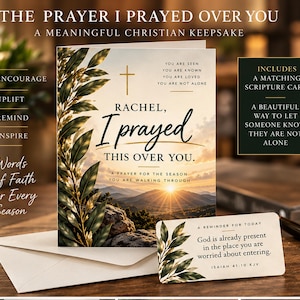 May include: A greeting card featuring a sunset mountain landscape, a gold cross, and the text Rachel, I prayed this over you. It includes a matching scripture card with the text God is already present in the place you are worried about entering.