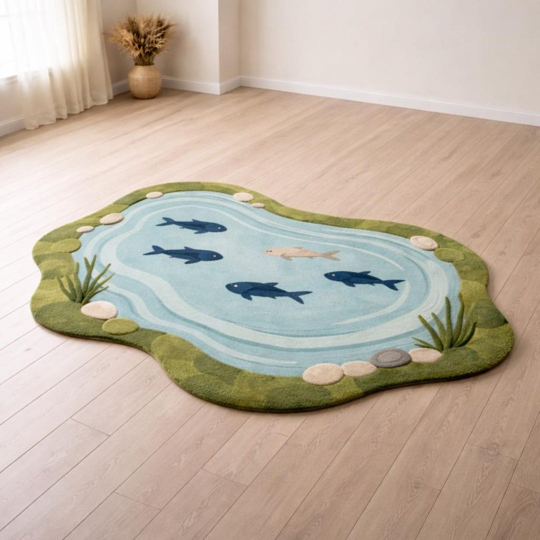 Kids Pond Shape Rug With Fish Design | Hand Tufted Playroom Carpet ...