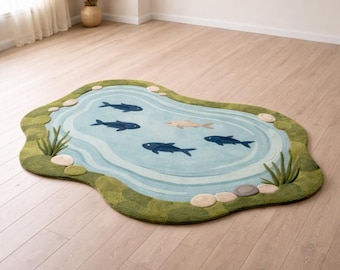 Hand-Tufted Pond Rug | Fish Design Kids Playroom Carpet