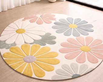 Hand Tufted Floral Round Rug | Pastel Daisy Flower Carpet | Kids Room & Living Room Area Rug | Modern Soft Wool Rug
