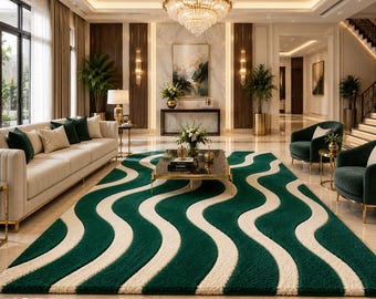 Hand Tufted Green Abstract Wave Rug, Modern Wool Area Rug, Luxury Living Room Rug, Contemporary Handmade Carpet, Custom Size Rug