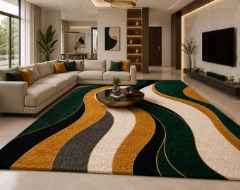 Luxury 3D Emerald Green and Gold Abstract Rug - Large Wavy Hand-Tufted Wool Carpet - Modern Mid Century Retro Living Room - Plush Shag Area