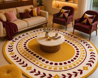Hand Tufted Round Wool Rug, Oval Modern Area Rug, Mustard Yellow & Burgundy Floral Rug, Handmade Living Room Rug, Custom Size Carpet