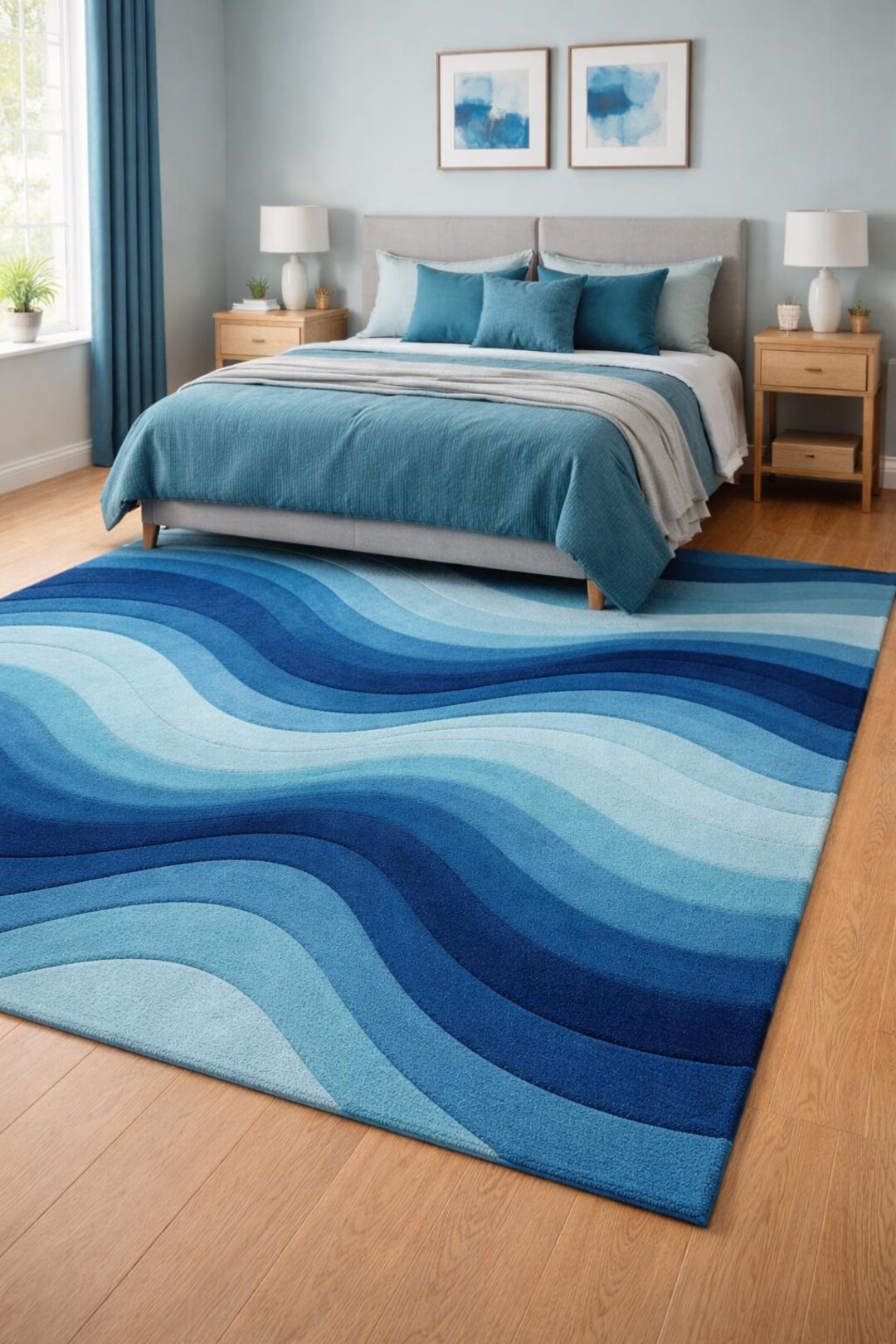 Hand Tufted Blue Abstract Wave Rug | Modern Bedroom Area Rug | Ocean ...