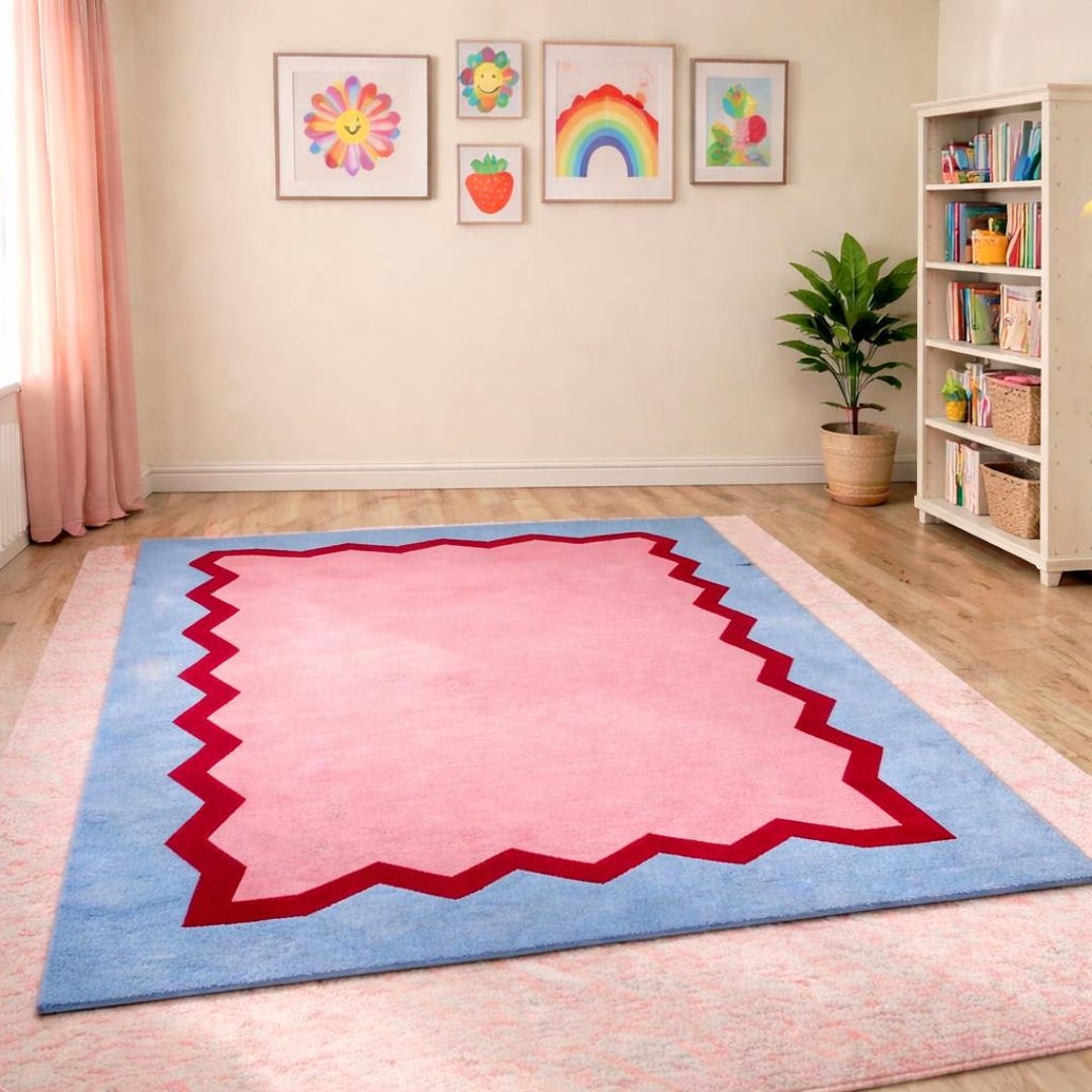 Pre K Color Rug Hand Tufted Modern Kids Rug | Pink & Blue Geometric Area Rug | Playroom ...