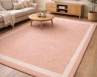 Hand-Tufted Wool Border Rug – Soft Blush Pink Carpet for Bedroom, Living Room