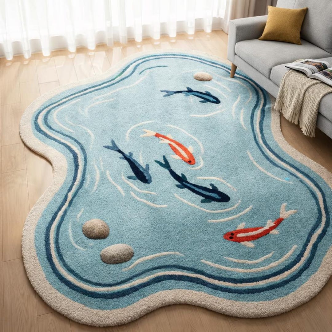 Hand Tufted Koi Fish Pond Rug | Wavy Shape Area Rug | Sky Blue Water ...