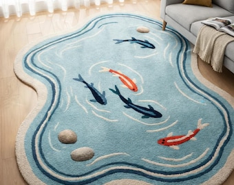 Alfombra de estanque con peces koi tejida a mano / Alfombra ondulada / Diseño de agua azul cielo / Alfombra para habitación infantil, sala de estar y guardería