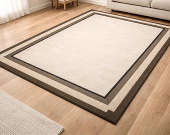 Hand-Tufted Wool Area Rug | Beige Brown Minimalist Border