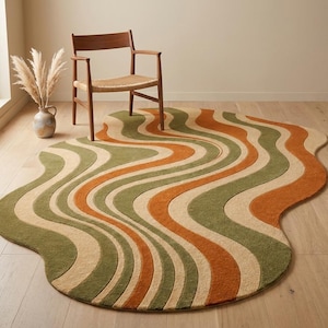 Alfombra retro, alfombra moderna de mediados de siglo, alfombra abstracta tejida a mano, alfombra de lana de forma irregular, alfombra con estampado ondulado, alfombra de tamaño personalizado.
