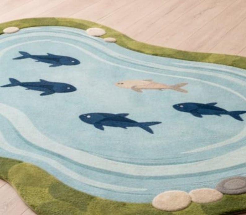 Aquatic Rug Kids Pond Shape Rug With Fish Design | Hand Tufted Playroom Carpet ...
