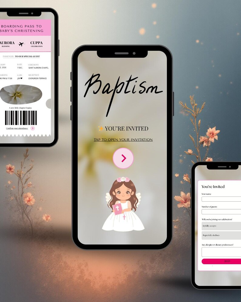 Puede incluir: Tres smartphones que muestran invitaciones de bautizo y una tarjeta de embarque. El tel&eacute;fono central muestra "Bautismo" en escritura, "Est&aacute;s invitado" y un &aacute;ngel de dibujos animados. Los otros tel&eacute;fonos muestran los detalles de la invitaci&oacute;n.