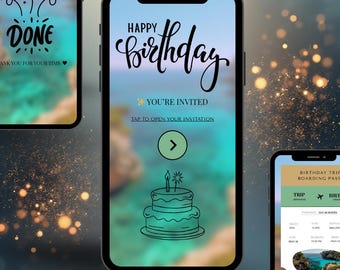 Invitación con tarjeta de embarque para viaje de cumpleaños, billete digital para fiesta de viaje, plantilla editable de Canva