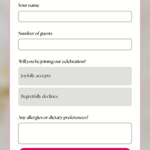 Puede incluir: Una plantilla de invitaci&oacute;n digital con fondo blanco y borde rosa. El texto "You're Invited" est&aacute; en la parte superior, seguido de campos para el nombre, el n&uacute;mero de invitados y las opciones de RSVP. Un bot&oacute;n rosa de RSVP est&aacute; en la parte inferior.