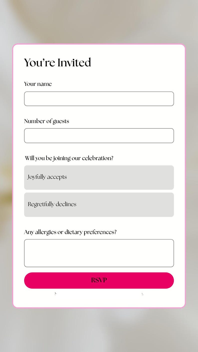 Puede incluir: Una plantilla de invitaci&oacute;n digital con fondo blanco y borde rosa. El texto "You're Invited" est&aacute; en la parte superior, seguido de campos para el nombre, el n&uacute;mero de invitados y las opciones de RSVP. Un bot&oacute;n rosa de RSVP est&aacute; en la parte inferior.
