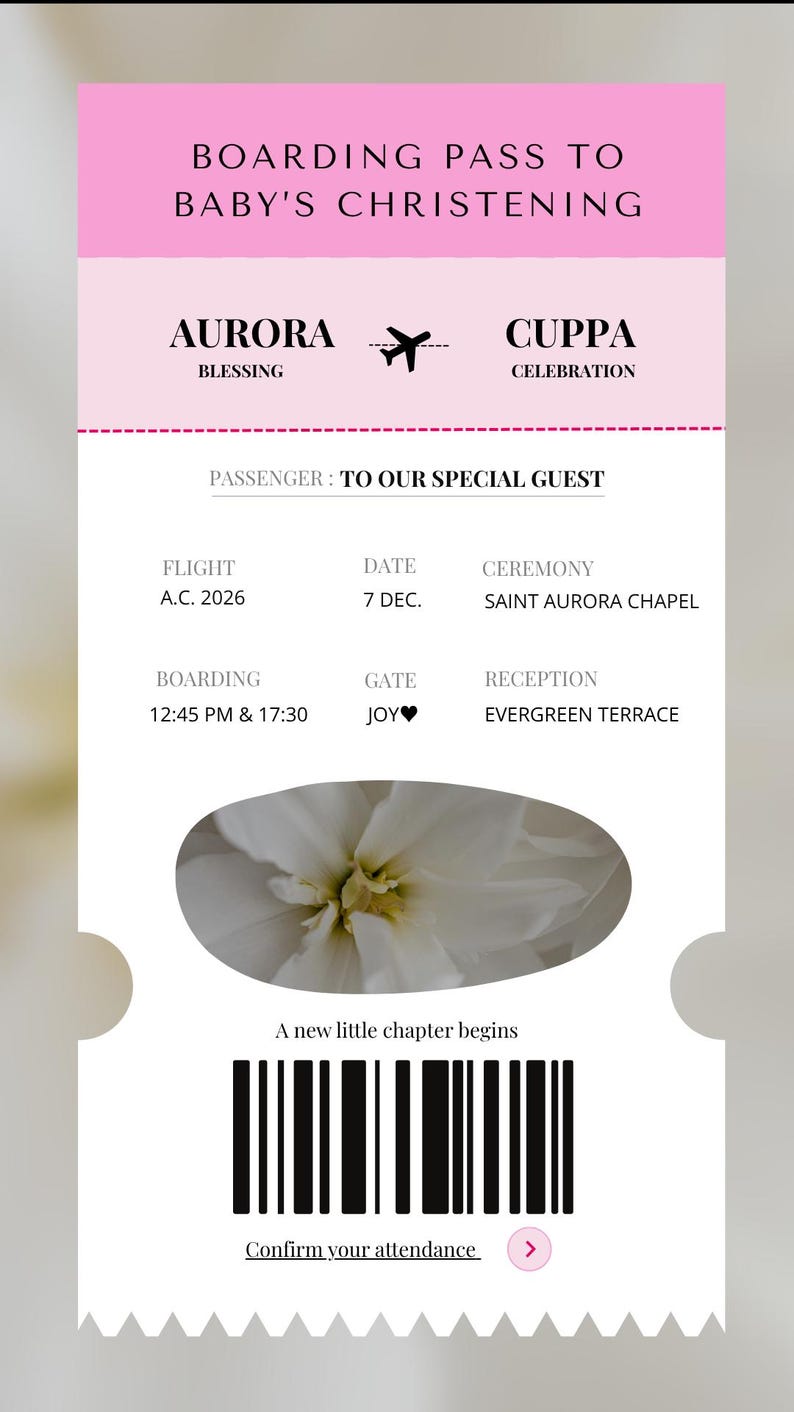 Puede incluir: Una tarjeta de embarque para el bautizo de un beb&eacute; con elementos rosas y blancos. La tarjeta incluye detalles como vuelo, fecha, lugar de la ceremonia, hora de embarque, puerta y lugar de recepci&oacute;n. Tambi&eacute;n est&aacute; presente el texto "A new little chapter begins".