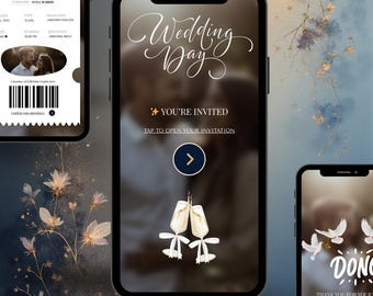Invitación de boda tipo tarjeta de embarque, invitación digital tipo billete, plantilla editable de Canva