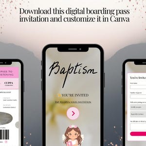 Puede incluir: Invitaci&oacute;n digital de bautizo mostrada en tres smartphones. El tel&eacute;fono central muestra "Baptism" en escritura, "You're Invited" y un gr&aacute;fico de &aacute;ngel. La invitaci&oacute;n es personalizable en Canva.