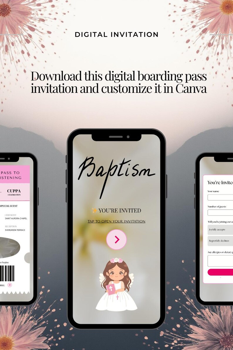Puede incluir: Invitaci&oacute;n digital de bautizo mostrada en tres smartphones. El tel&eacute;fono central muestra "Baptism" en escritura, "You're Invited" y un gr&aacute;fico de &aacute;ngel. La invitaci&oacute;n es personalizable en Canva.