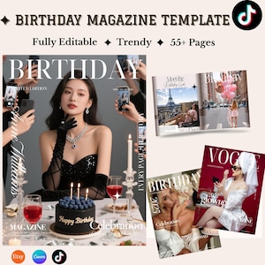 Pode incluir: Um modelo de revista com o texto "BIRTHDAY MAGAZINE TEMPLATE" e "BIRTHDAY" na capa. A imagem apresenta uma mulher rodeada por pessoas segurando telefones, um bolo e outras capas de revistas. O modelo é totalmente editável e moderno.