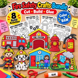 May include: A fire safety crafts bundle featuring eight build activities with cut, build, and glue instructions. Includes printed templates of a fire truck, hydrant, and house, alongside colourful paper cutouts of a fire station, dog, and firefighter.
