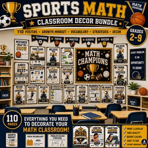 Könnte beinhalten: Ein Klassenzimmer-Deko-Set zum Thema Sport mit 110 Seiten an Postern, Vokabelkarten und Lernmaterialien. Das Design ist in Marineblau und Gold gehalten und zeigt Illustrationen von Pokalen, Basketbällen und Fußbällen.