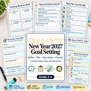 May include: A collection of printed goal-setting worksheets for students in grades 3-6. The central page is titled New Year 2027 Goal Setting, featuring sections for reflection, planning, action, and check-ins with blue and gold text and icons.