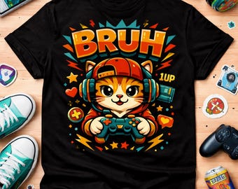 Gato Gamer Bruh PNG SVG – Diseño divertido de gato gamer – Clipart de meme de videojuegos – Descarga digital
