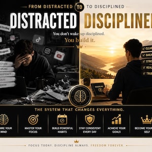 May include: A motivational graphic with the words "DISTRACTED" and "DISCIPLINED" on opposite sides. The left side shows a person overwhelmed by distractions, while the right side depicts a person focused. The text reads "You don't wake up disciplined. You build it."