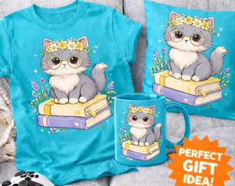 Cute Bookish Cat PNG SVG – Cozy Cat on Books Illustration, Adorable Pastel Cat Design for Cat Lovers & Readers