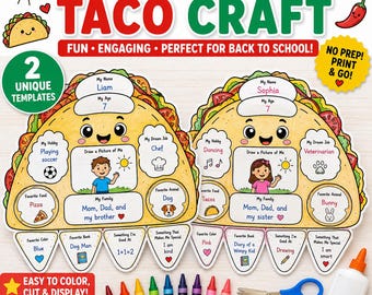 All About Me Taco Craft, Back to School Activity, First Day of School Printable, Kindergarten Worksheet, 2 Templates PDF