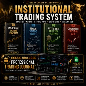 Può includere: Una pubblicità per un pacchetto di sistemi di trading. L'immagine presenta quattro libri con titoli come "Smart Money Trading Concepts" e "Candlestick Execution Guide". Un laptop mostra grafici di trading e il testo include "Professional Trading Journal" e "445+ Pages of Pure Value."