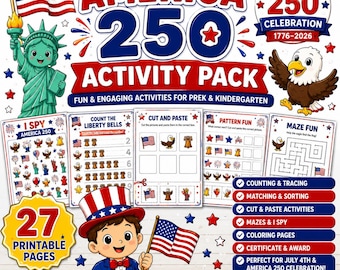 America 250 Activities for Kids, Patriotic Worksheets, PreK Kindergarten Printable, July 4th Activity Pack, USA Symbols PDF