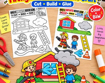 Firefighter Rescue Scene Craft Printable, Cut and Paste Fire Safety Activity PDF