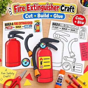 May include: A fire extinguisher craft kit featuring printed activity sheets with cut, build, and glue instructions. Includes a colourful assembled paper fire extinguisher, a black and white template, red scissors, a glue stick, and crayons.