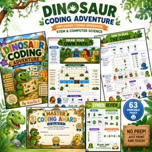 May include: A Dinosaur Coding Adventure unplugged coding workbook for STEM and computer science. The set includes a cover page, a Draw Your Own Path activity sheet, a How to Read the Code guide, a Master Coding Award certificate, and a symbol review page.