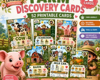 Farm Vocabulary Flashcards for Preschool | Farm Animals & Tools Cards | Kindergarten Homeschool Printable | Farm Unit PDF
