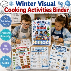 Peut inclure: Un classeur d'activités culinaires visuelles d'hiver avec 50 pages imprimables, adapté à l'autisme, sans préparation et axé sur les compétences de vie. La couverture affiche le titre Winter Visual Recipes & Cooking Activities.