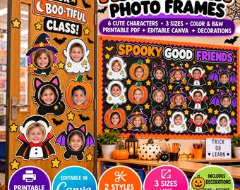 Halloween Classroom Door Decor, Student Photo Bulletin Board, Editable Canva