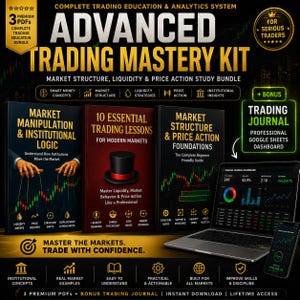 May include: An educational trading kit with three books: "Market Manipulation & Institutional Logic", "10 Essential Trading Lessons", and "Market Structure & Price Action Foundations". Includes a trading journal, laptop, and smartphone, all promoting financial education.