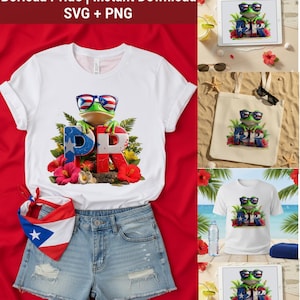 May include: White t-shirt with a frog wearing sunglasses with the Puerto Rican flag design, and the letters "PR". The image also includes denim shorts and a bandana with the Puerto Rican flag.