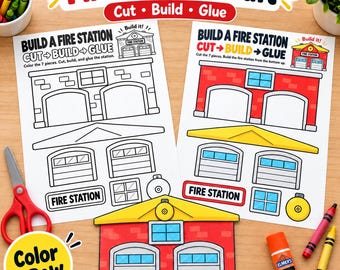 Fire Station Craft Printable, Cut and Paste Fire Safety Activity, Fire Prevention Week PDF