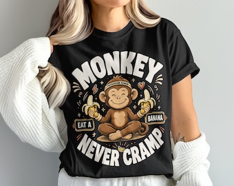 Monkey eat a banana never cramp png, funny monkey fitness design, banana lover graphic, gym humor png, workout motivation png
