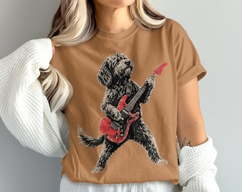 Funny Goldendoodle guitarist png, rock dog png, music lover dog design, guitar playing doodle graphic, pet lover png