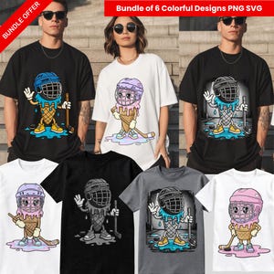 May include: A bundle of six t-shirts featuring colorful ice cream cone designs wearing hockey helmets and holding hockey sticks. The shirts are black, white, and gray, with the text "Bundle of 6 Colorful Designs PNG SVG" at the top.