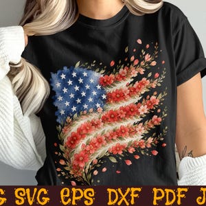 Akvarell amerikansk flagga svg png, blommig patriotisk design, boho usa flagga svg, 4 juli skjorta svg, vintage Cricut-fil