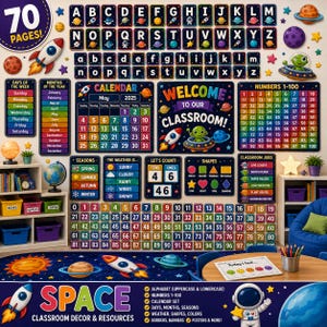 May include: A 70-page space-themed classroom decor set featuring alphabet cards, a 1-100 number chart, a May 2025 calendar, a welcome sign, weather and season charts, shape posters, classroom job labels, and a rug with planets and rockets.