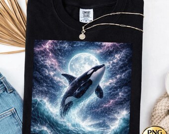 Vintage Orca PNG SVG, Retro 90s Killer Whale Shirt Design, Midnight Ocean Lightning Graphic, Wildlife Cricut File